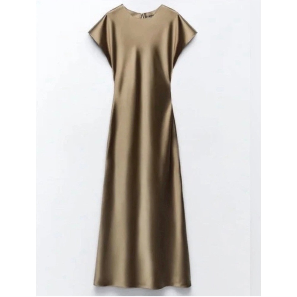 Zara Brown Satin Maxi Dress Short Cap Sleeve Keyhole Back 8868/305/742 Woman's L